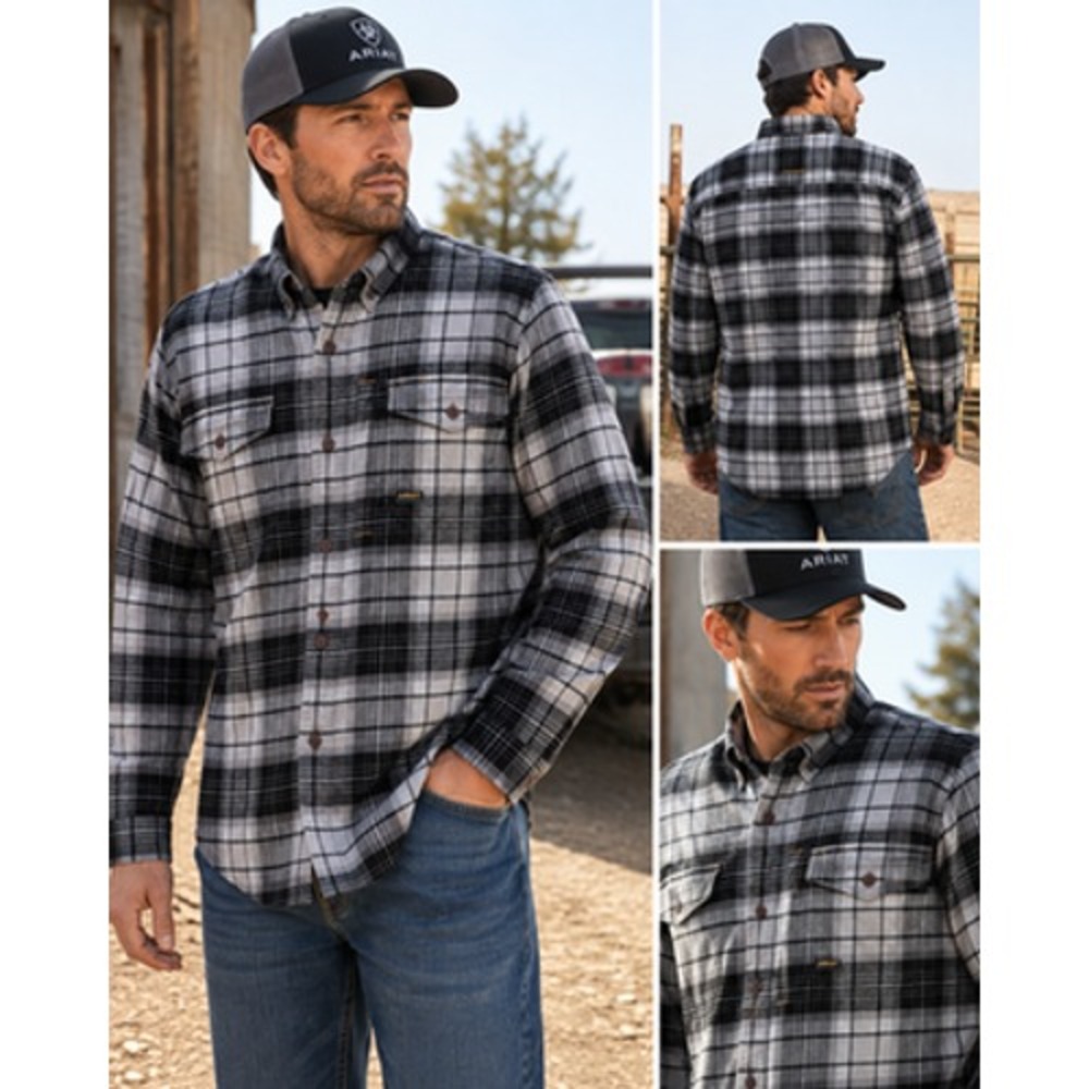 Ariat Rebar DuraStretch Flannel Shirt Mens L Charcoal Gray Plaid Work 10051973